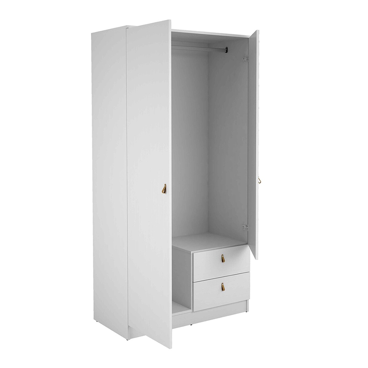 Armário de 2 Portas Abatíveis + 2 Gavetas - Branco Poroso (Texturizado). Puxador em Polipele e Melamina 16 mm Branco-3