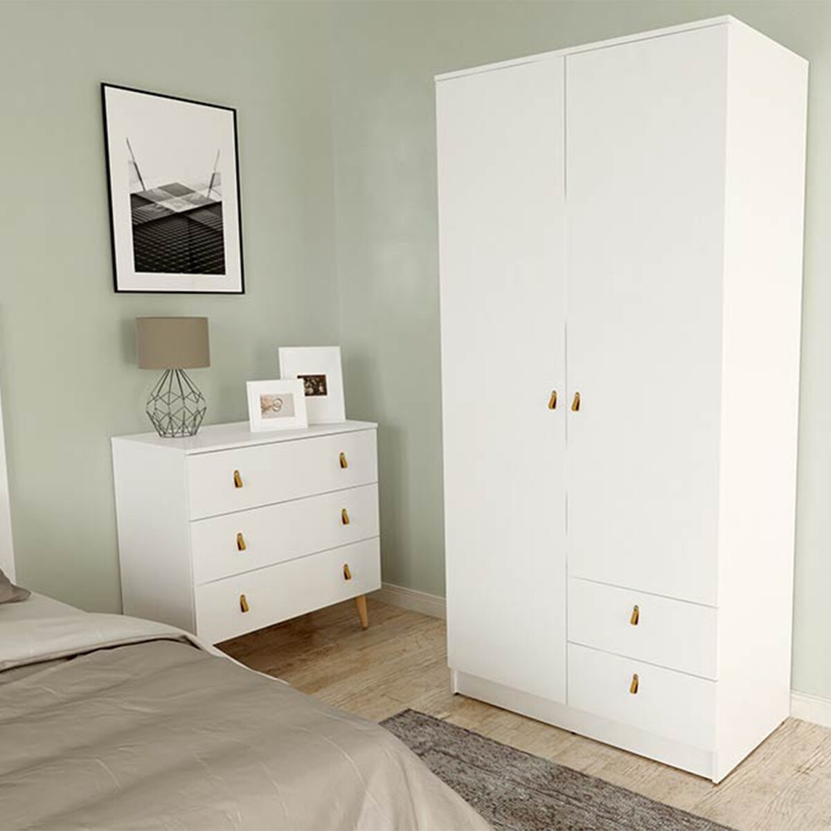 Armário de 2 Portas Abatíveis + 2 Gavetas - Branco Poroso (Texturizado). Puxador em Polipele e Melamina 16 mm Branco-4