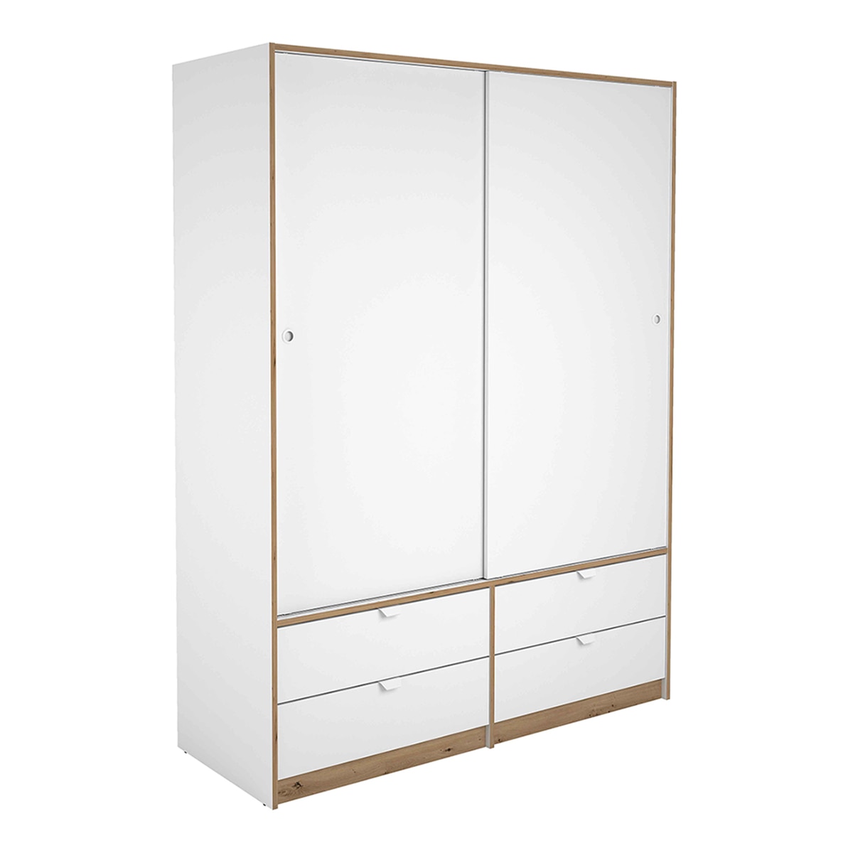 Imagem 0 de Armário de 2 Portas de Correr + 4 Gavetas - Branco Liso + Carvalho-Claro Puxador Branco