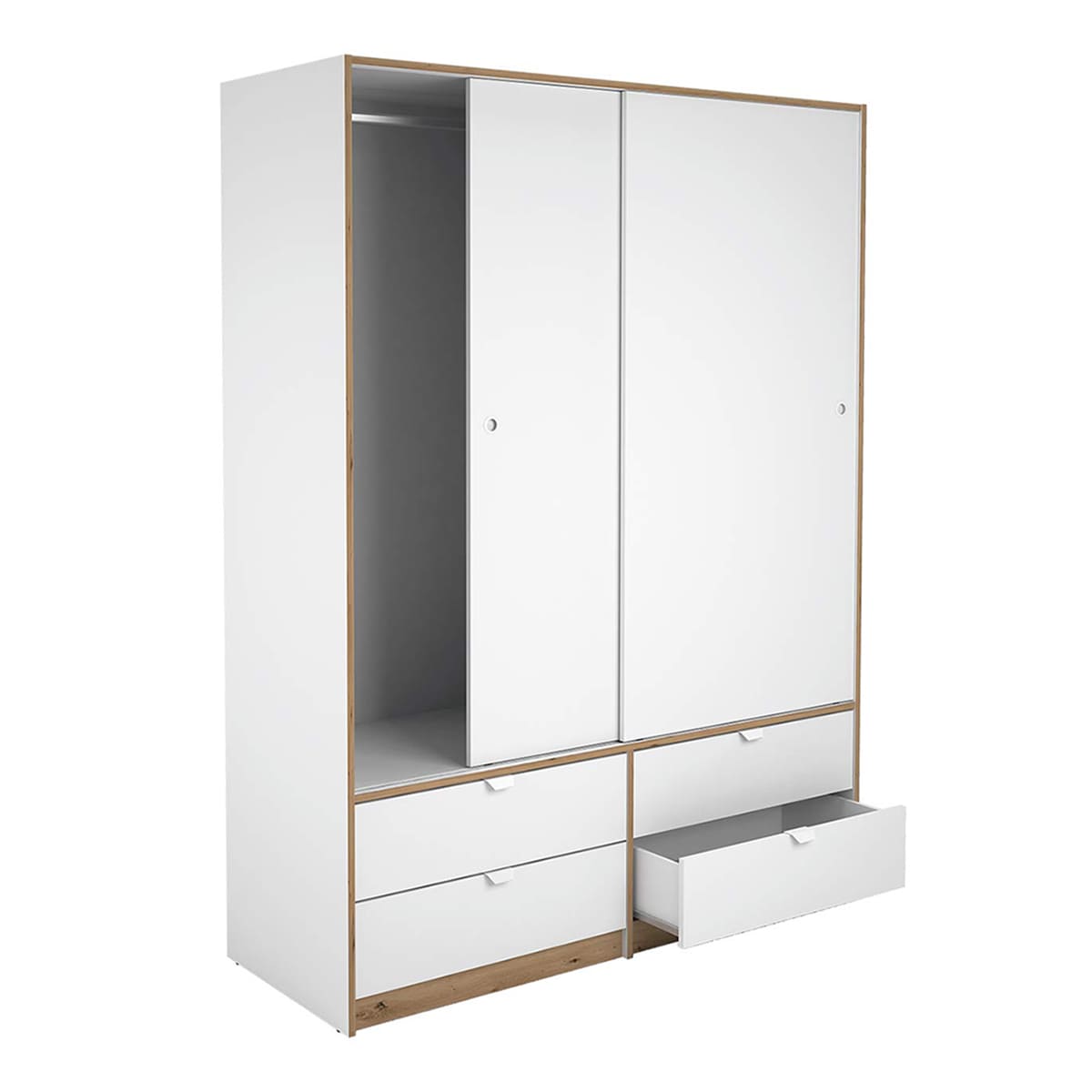 Armário de 2 Portas de Correr + 4 Gavetas - Branco Liso + Carvalho-Claro Puxador Branco Branco-2