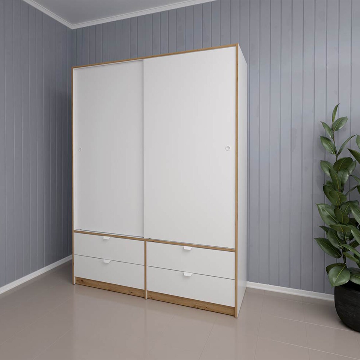 Armário de 2 Portas de Correr + 4 Gavetas - Branco Liso + Carvalho-Claro Puxador Branco Branco-3