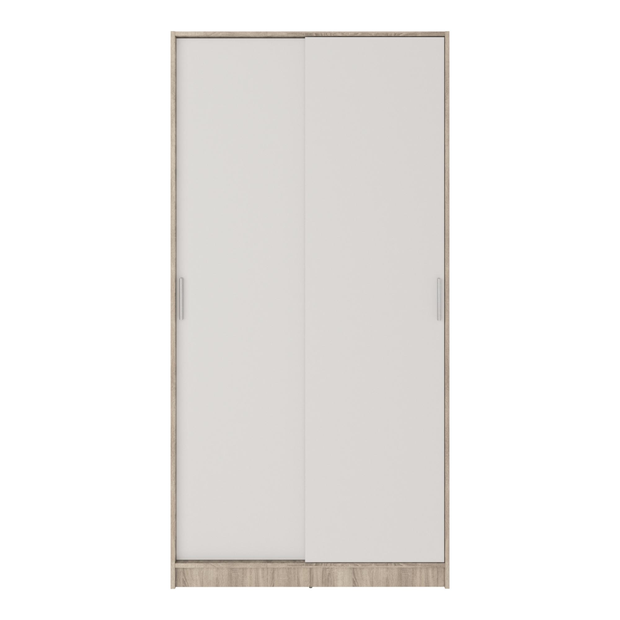 Armário de 2 Portas de Correr - Branco Liso + Cor de Carvalho Cortez. Puxador Branco Carvalho-3