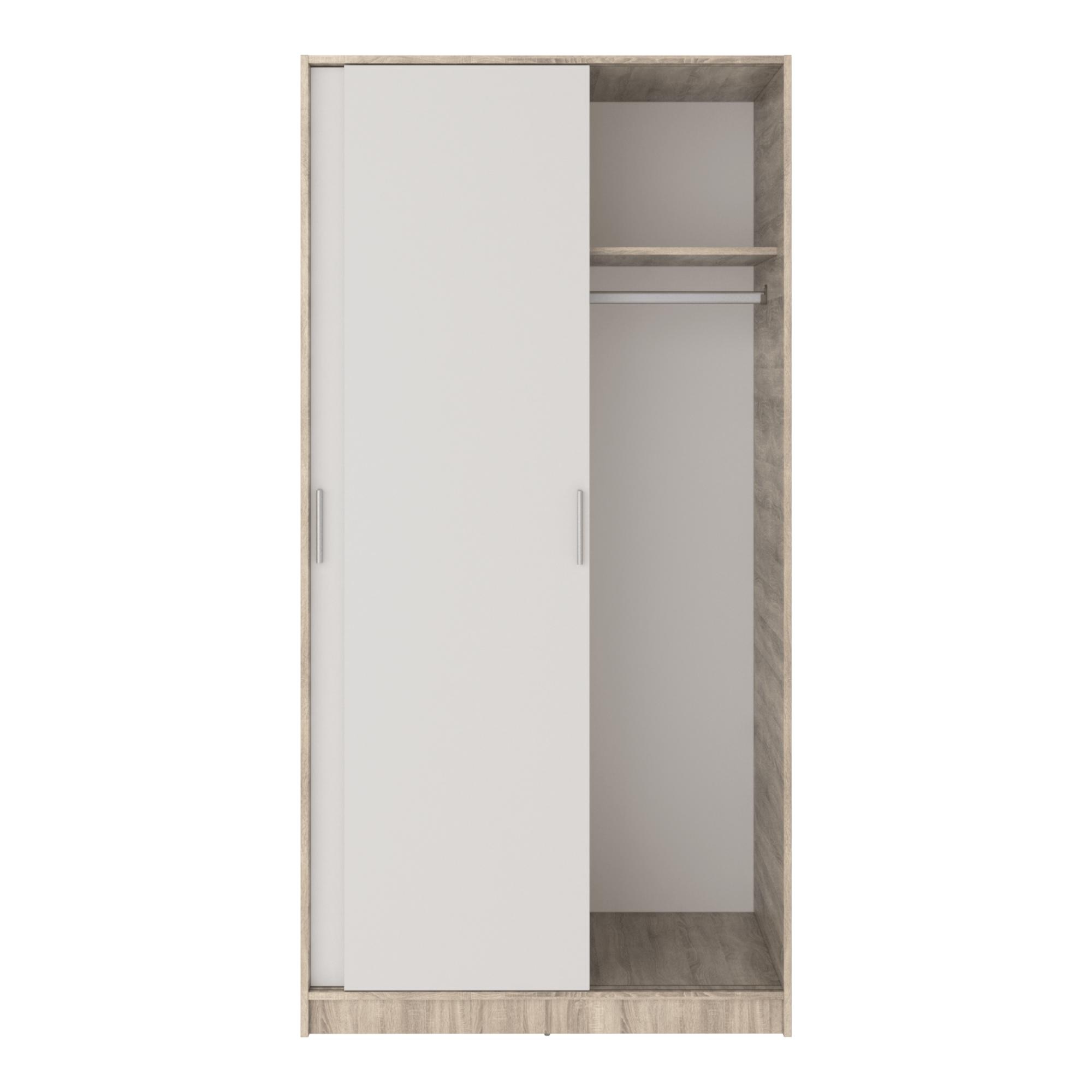 Armário de 2 Portas de Correr - Branco Liso + Cor de Carvalho Cortez. Puxador Branco Carvalho-4