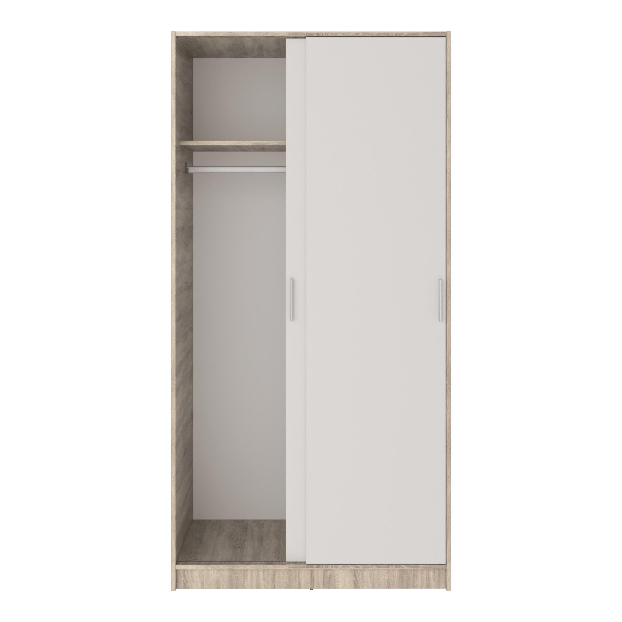 Armário de 2 Portas de Correr - Branco Liso + Cor de Carvalho Cortez. Puxador Branco Carvalho-5