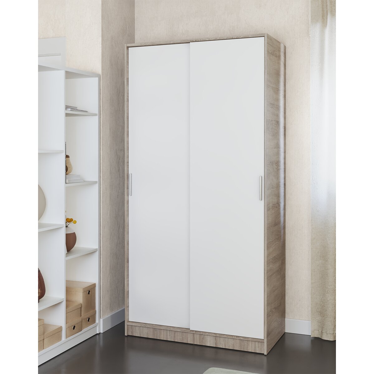 Armário de 2 Portas de Correr - Branco Liso + Cor de Carvalho Cortez. Puxador Branco Carvalho-6