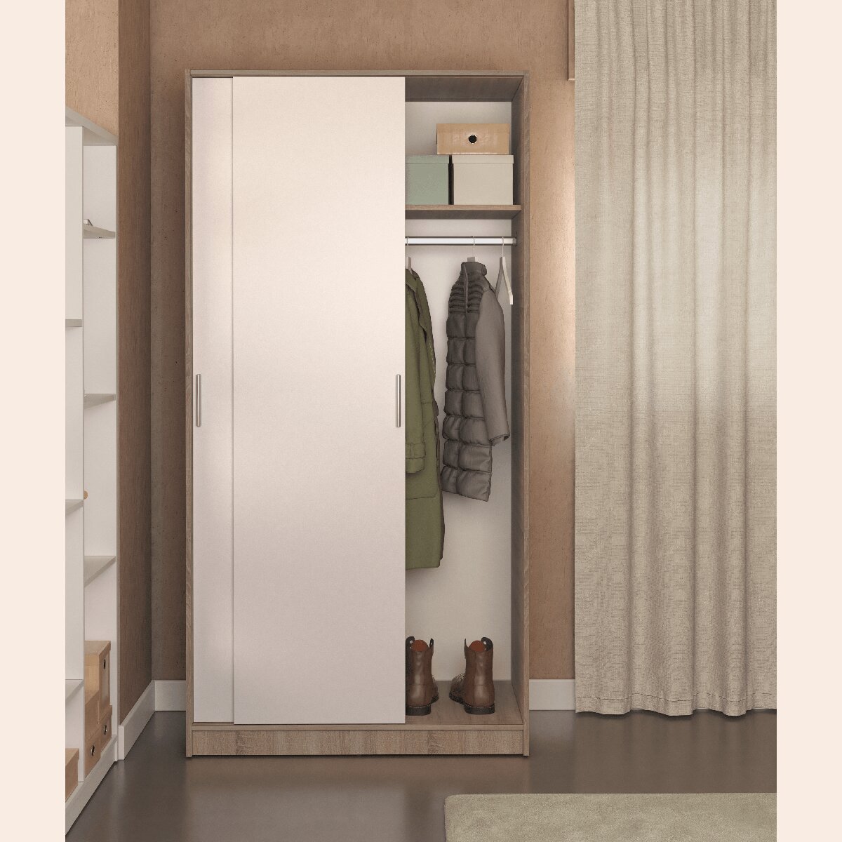 Armário de 2 Portas de Correr - Branco Liso + Cor de Carvalho Cortez. Puxador Branco Carvalho-7