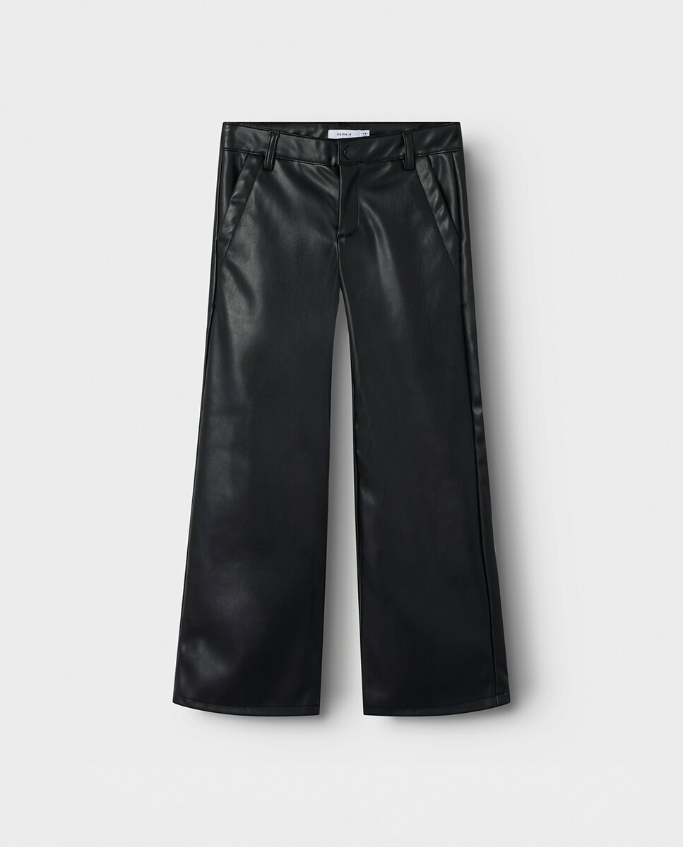 Calças Tipo Culotte com Efeito de Pele Preto-1