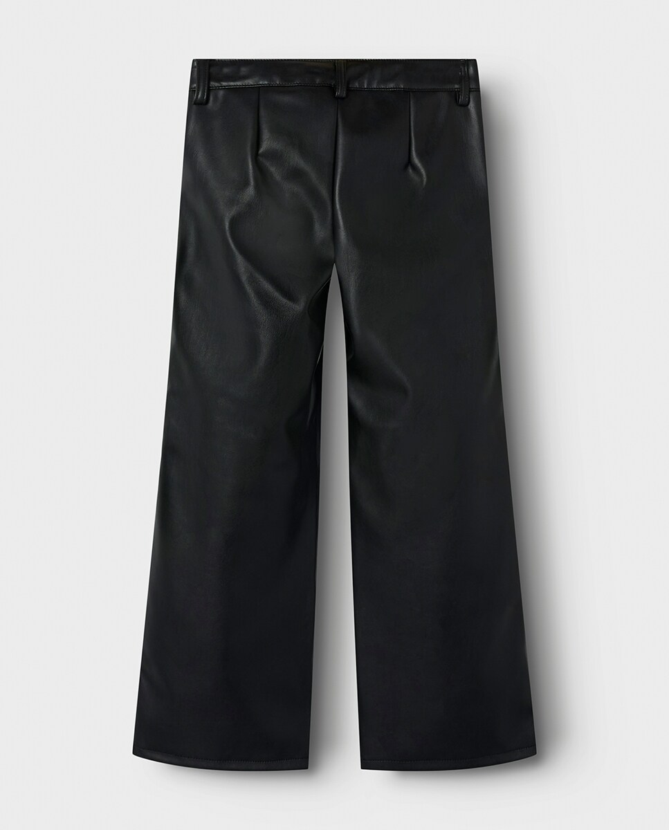 Calças Tipo Culotte com Efeito de Pele Preto-2