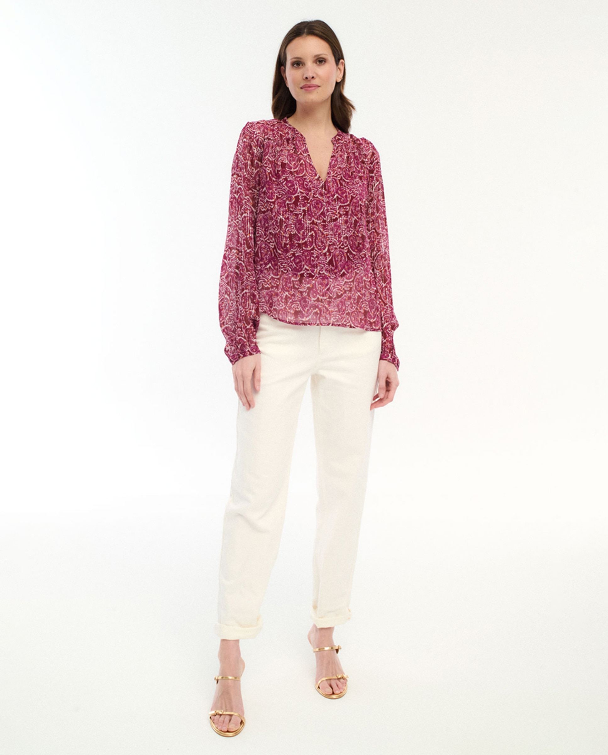 Blusa de mujer de manga larga estampada con lúrex - Vila - Granate Granate-1