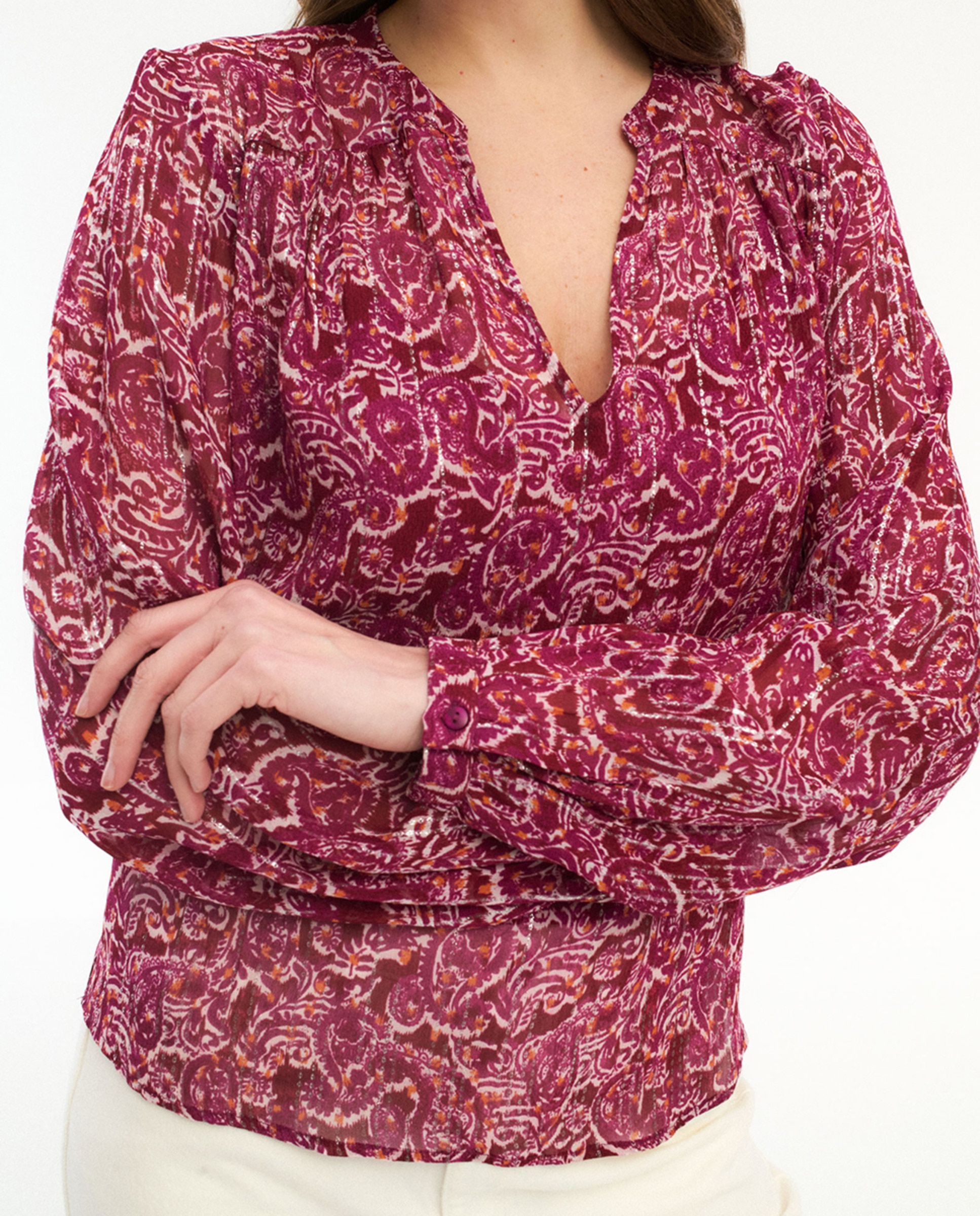 Blusa de mujer de manga larga estampada con lúrex - Vila - Granate Granate-2
