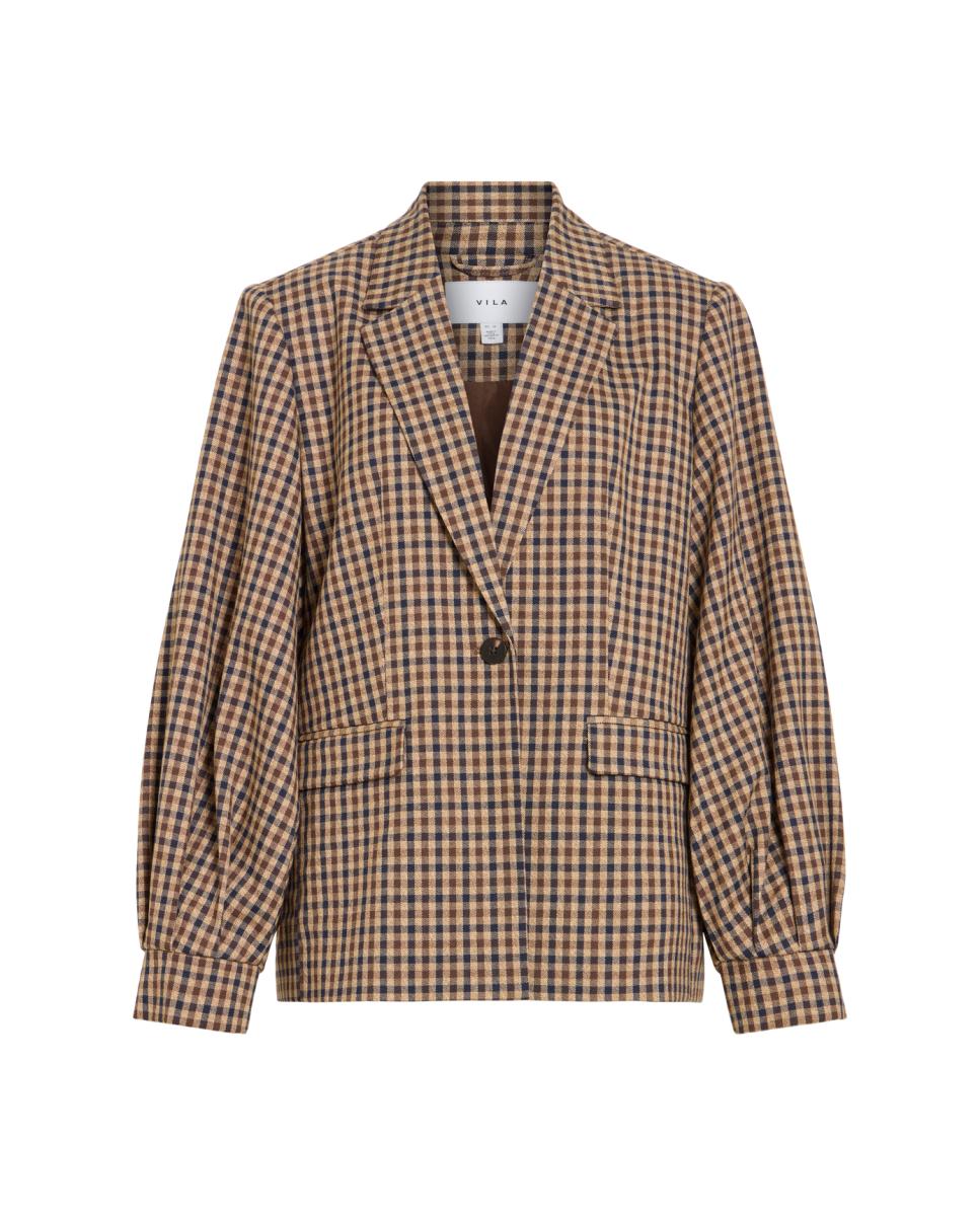 Blazer com Estampado aos Quadrados em Contraste Bege-2