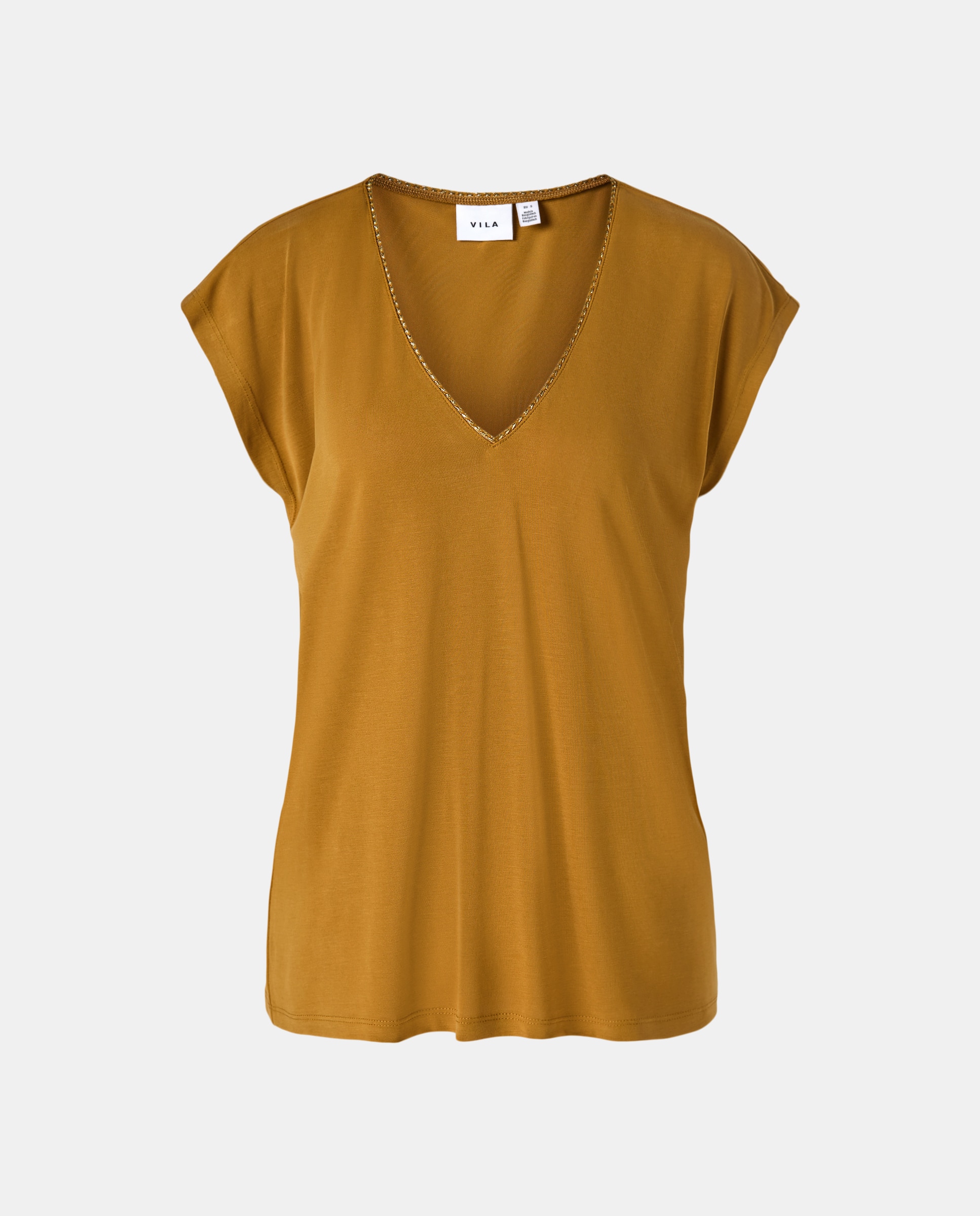 T-shirt sem Mangas com Decote em Bico Caramelo-4