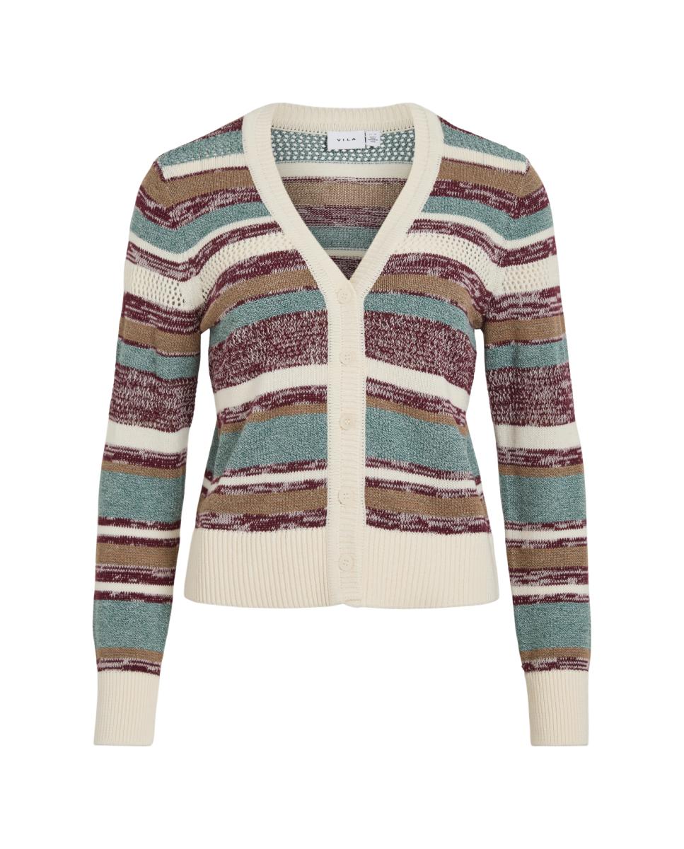 Cardigan às Riscas com Decote em Bico Bordeaux-2