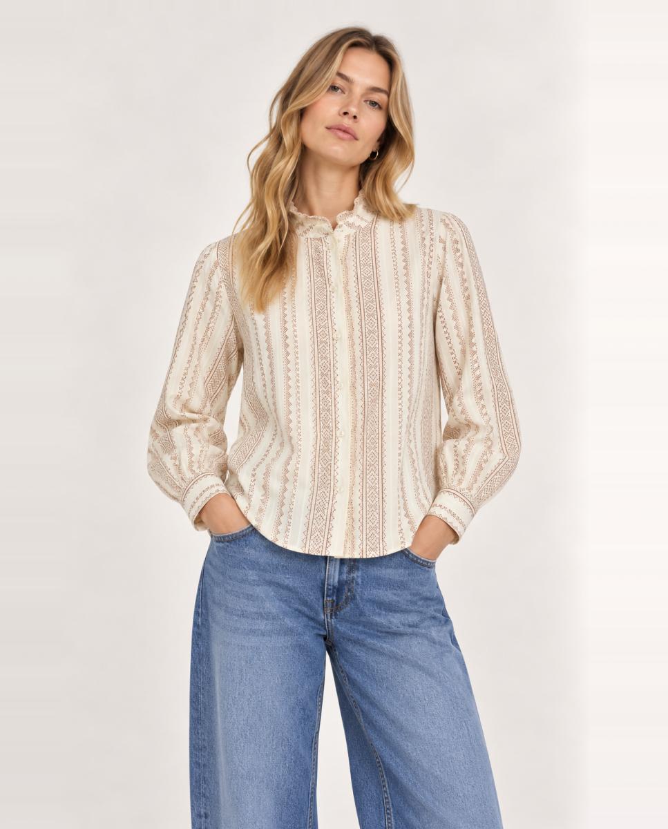 Blusa mujer de manga larga con cuello alto fruncido - Vila - Beige Beige-1