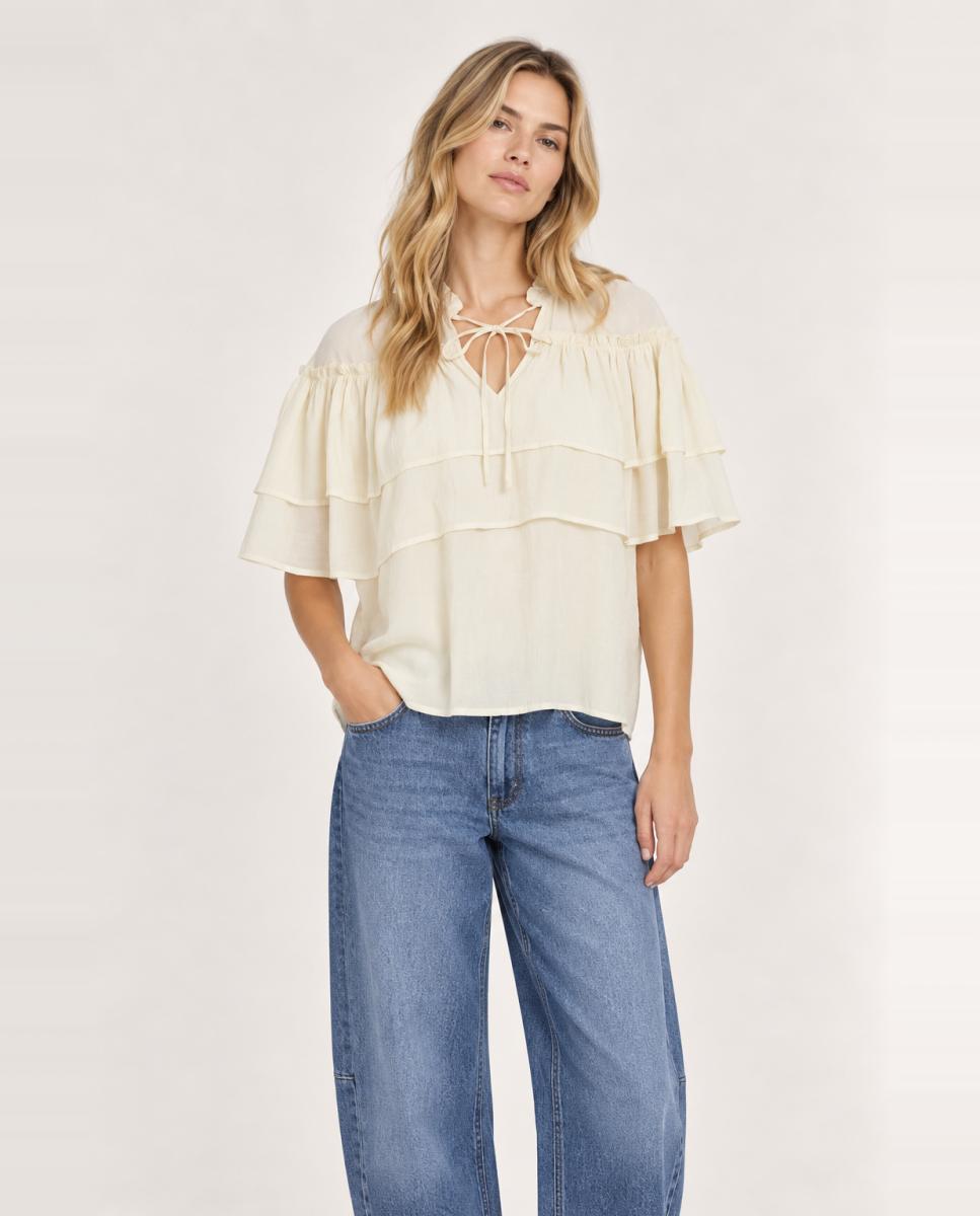 Blusa mujer de manga corta con cuello alto fruncido y escote con abertura y lazada - Vila - Beige Beige-1
