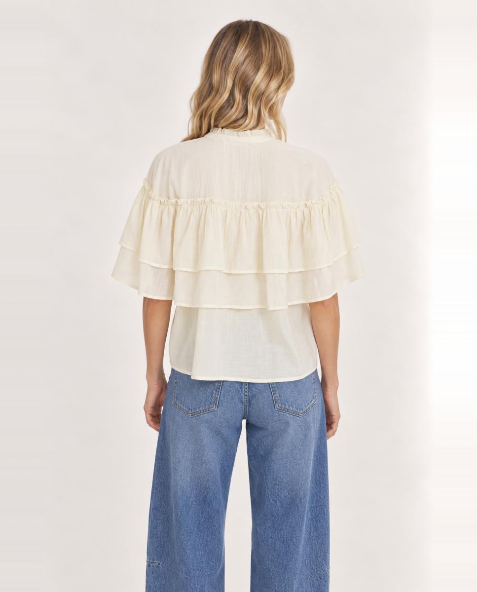 Blusa mujer de manga corta con cuello alto fruncido y escote con abertura y lazada - Vila - Beige Beige-2