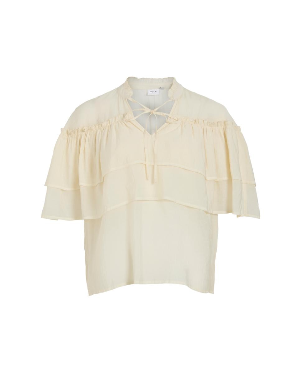Blusa mujer de manga corta con cuello alto fruncido y escote con abertura y lazada - Vila - Beige Beige-3