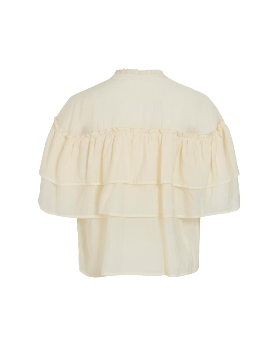Blusa mujer de manga corta con cuello alto fruncido y escote con abertura y lazada - Vila - Beige Beige-4