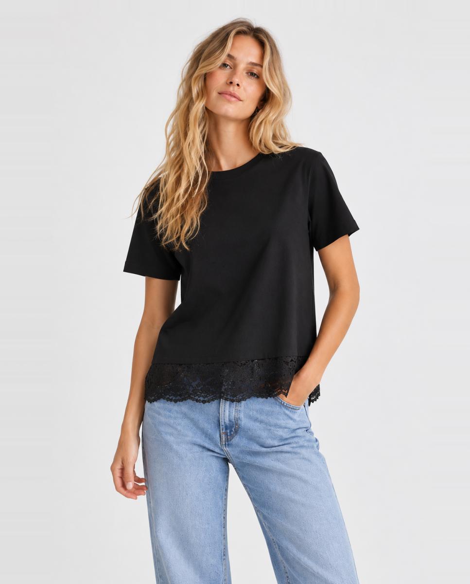 Top de mujer con cuello redondo y detalle de encaje - Vila - Negro Negro-1