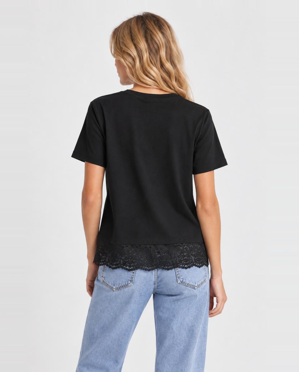 Top de mujer con cuello redondo y detalle de encaje - Vila - Negro Negro-2