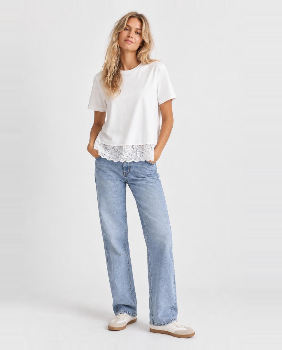 Top de mujer con cuello redondo y detalle de encaje - Vila - Blanco Blanco-1