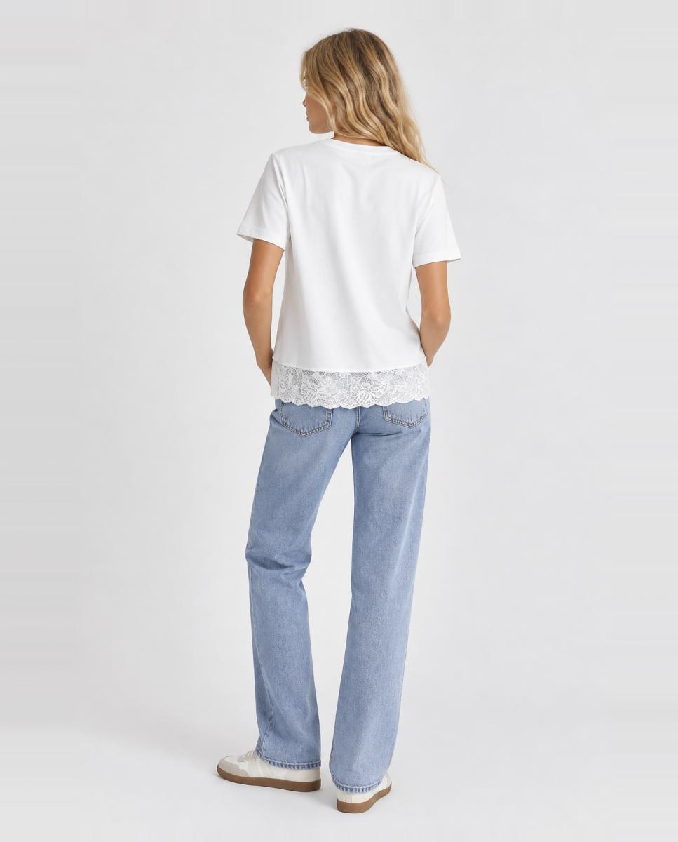Top de mujer con cuello redondo y detalle de encaje - Vila - Blanco Blanco-2