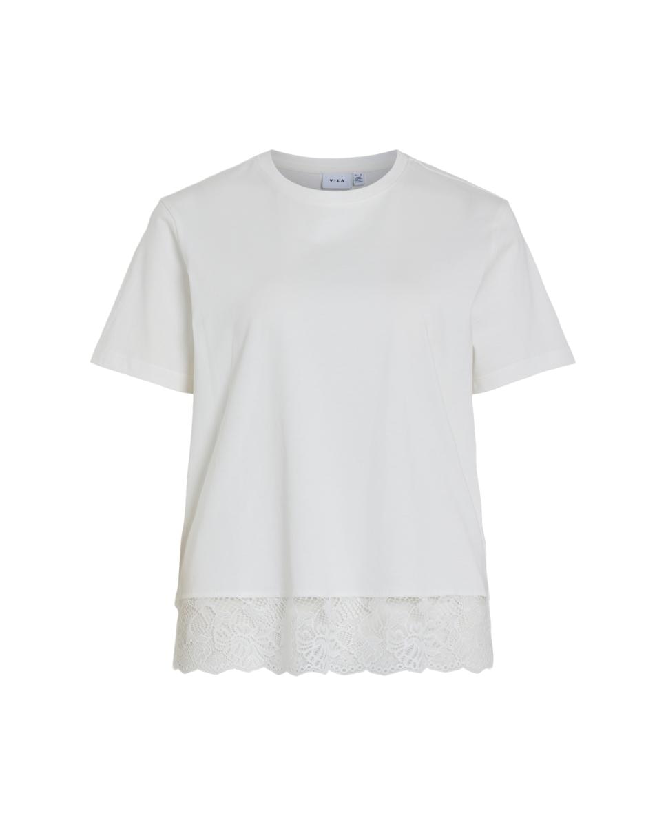 Top de mujer con cuello redondo y detalle de encaje - Vila - Blanco Blanco-3