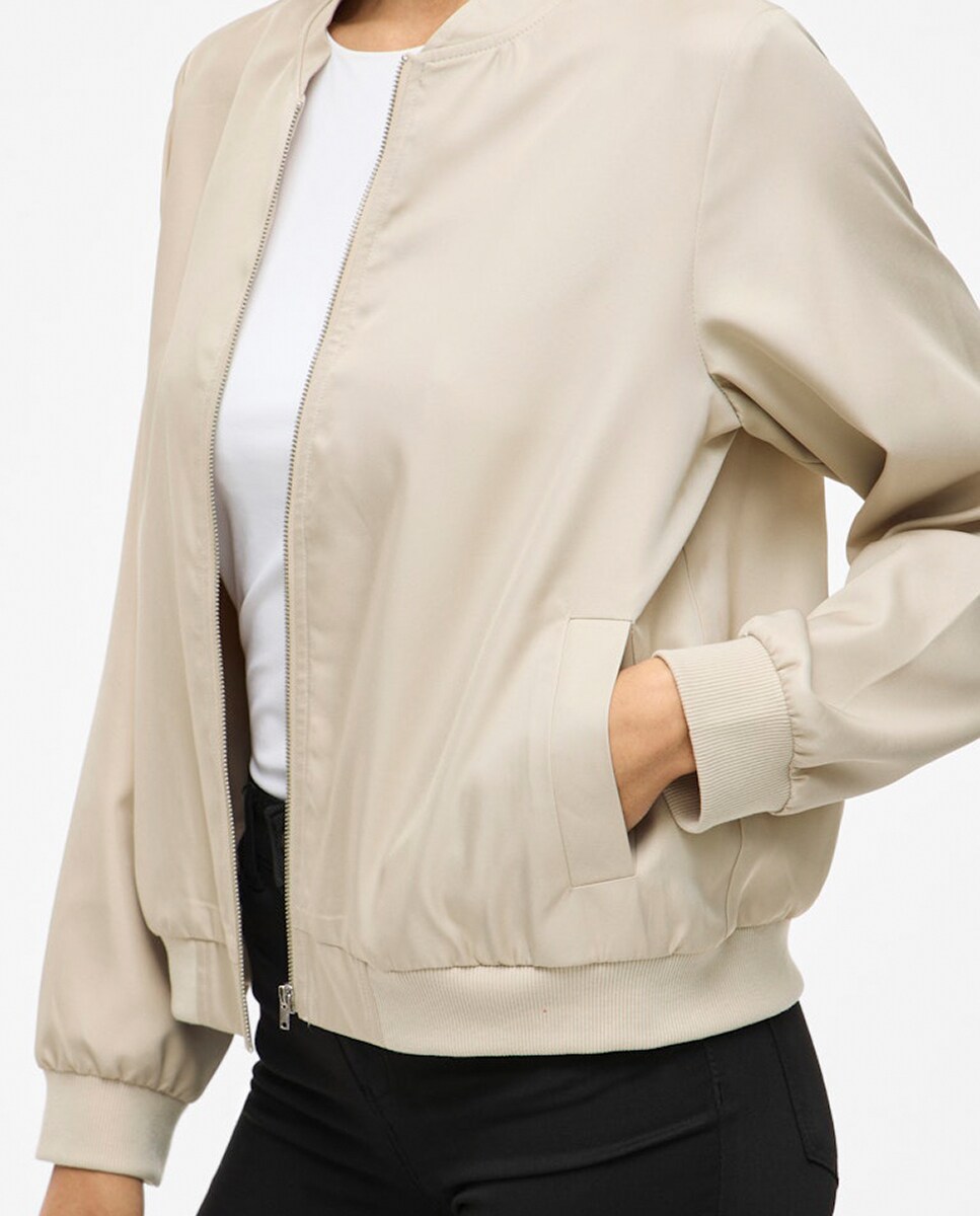 Casaco Tipo Blusão Bomber com Fecho de Correr Bege-5
