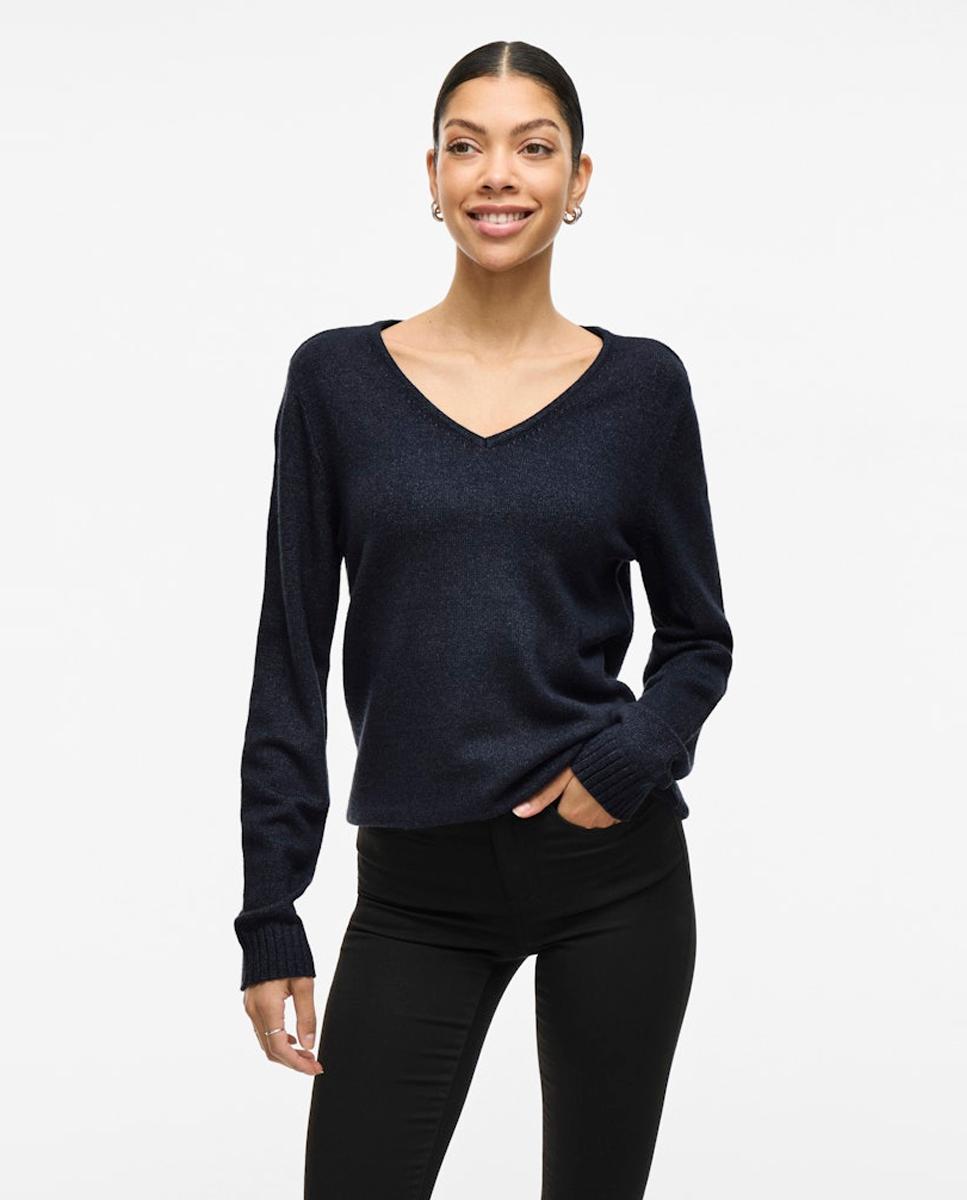 Jersey de mujer punto cuello pico - Vila - Azul marino Azul marino-1