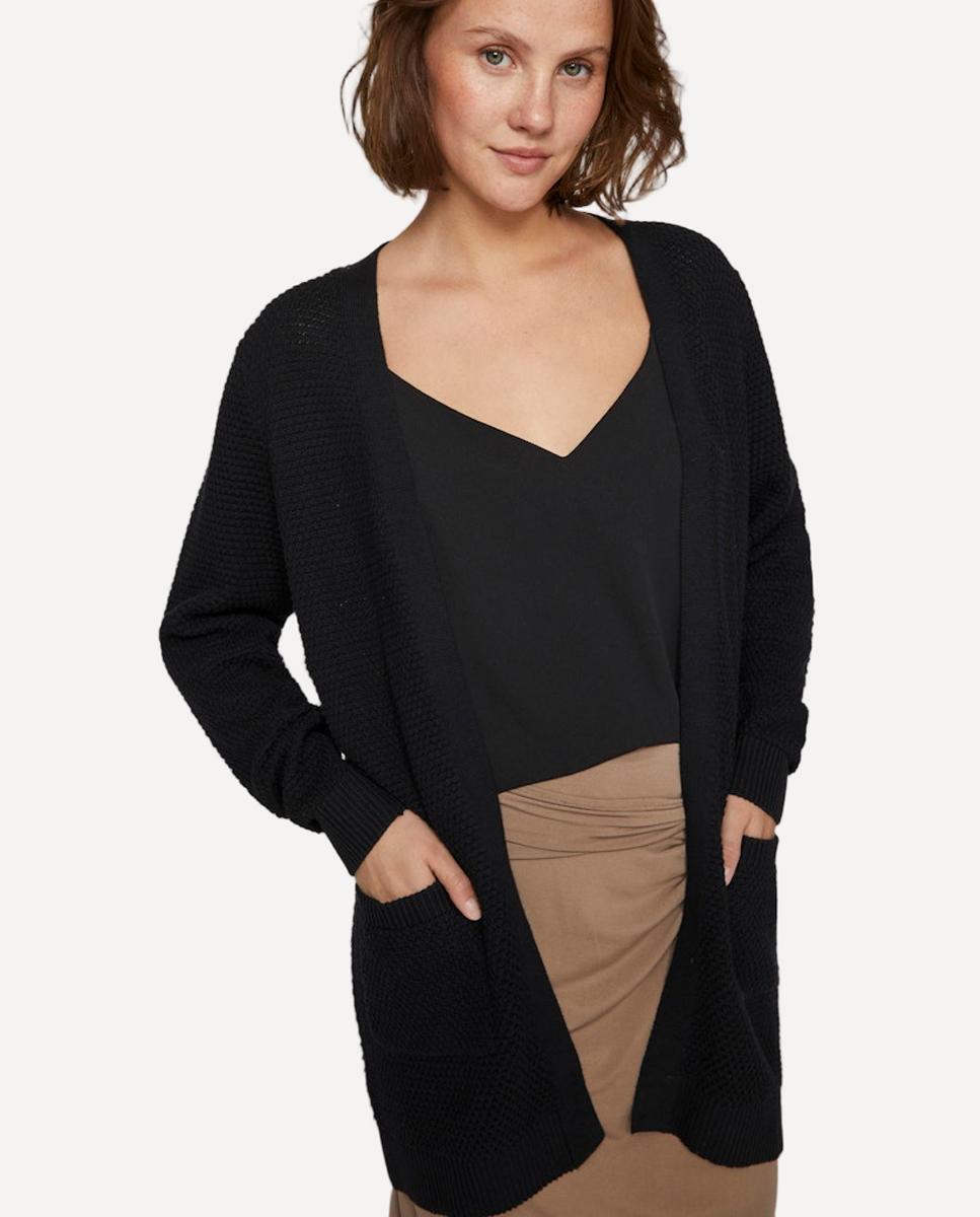 Casaco de Malha Tipo Cardigan com Bolsos à Frente. Preto-2