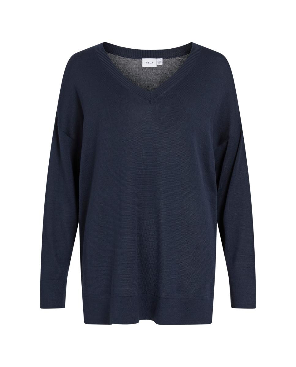 Jersey de mujer punto cuello pico - Vila - Azul marino Azul marino-3