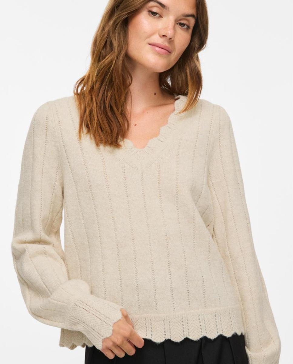 Imagen 0 de Jersey de mujer con escote de pico y manga larga Beige