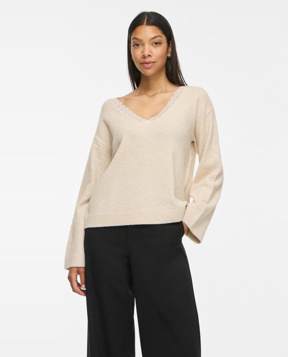 Jersey de mujer con escote de pico y manga larga - Vila - Beige Beige-1