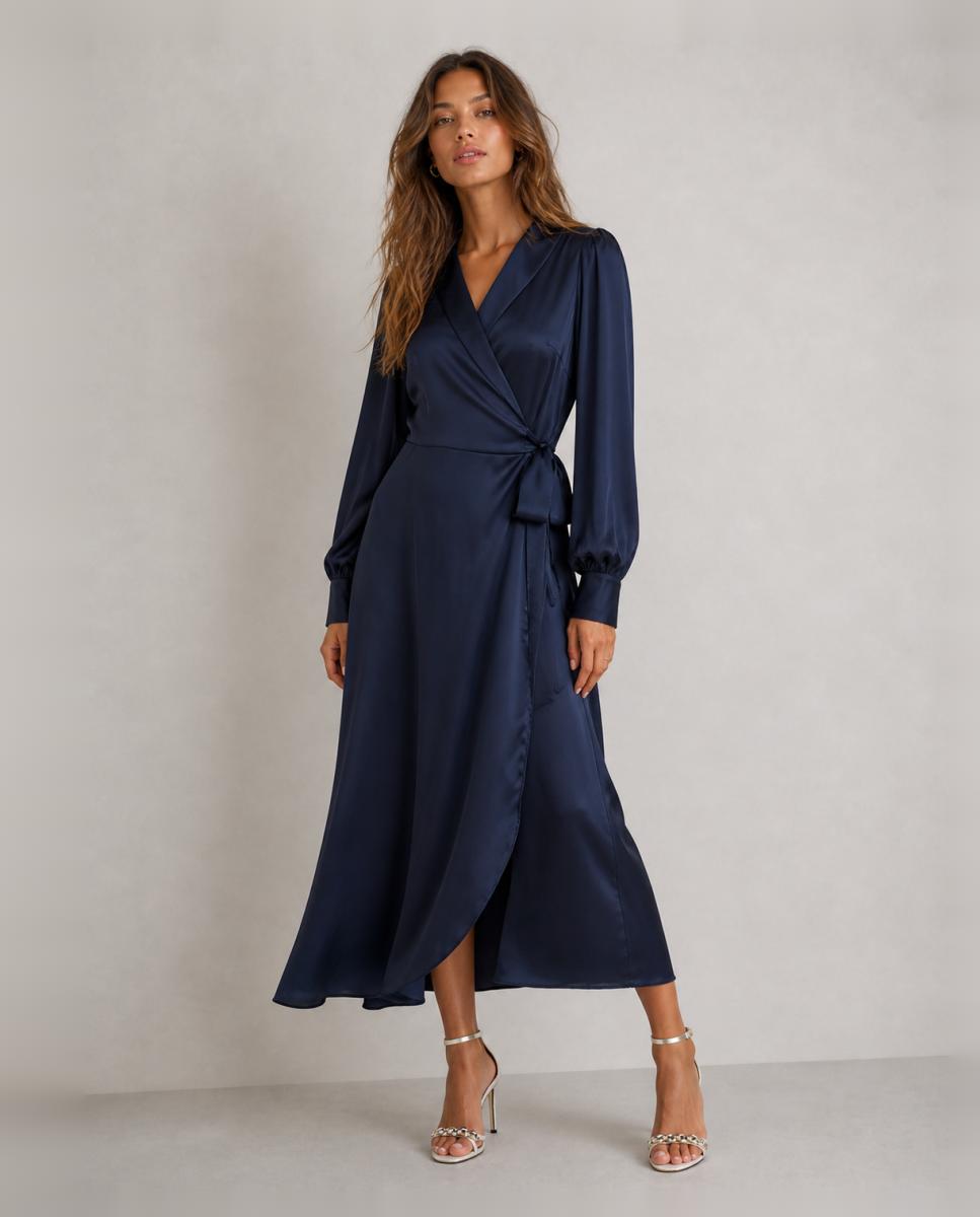 Vestido comprido acetinado Azul-marinho-1