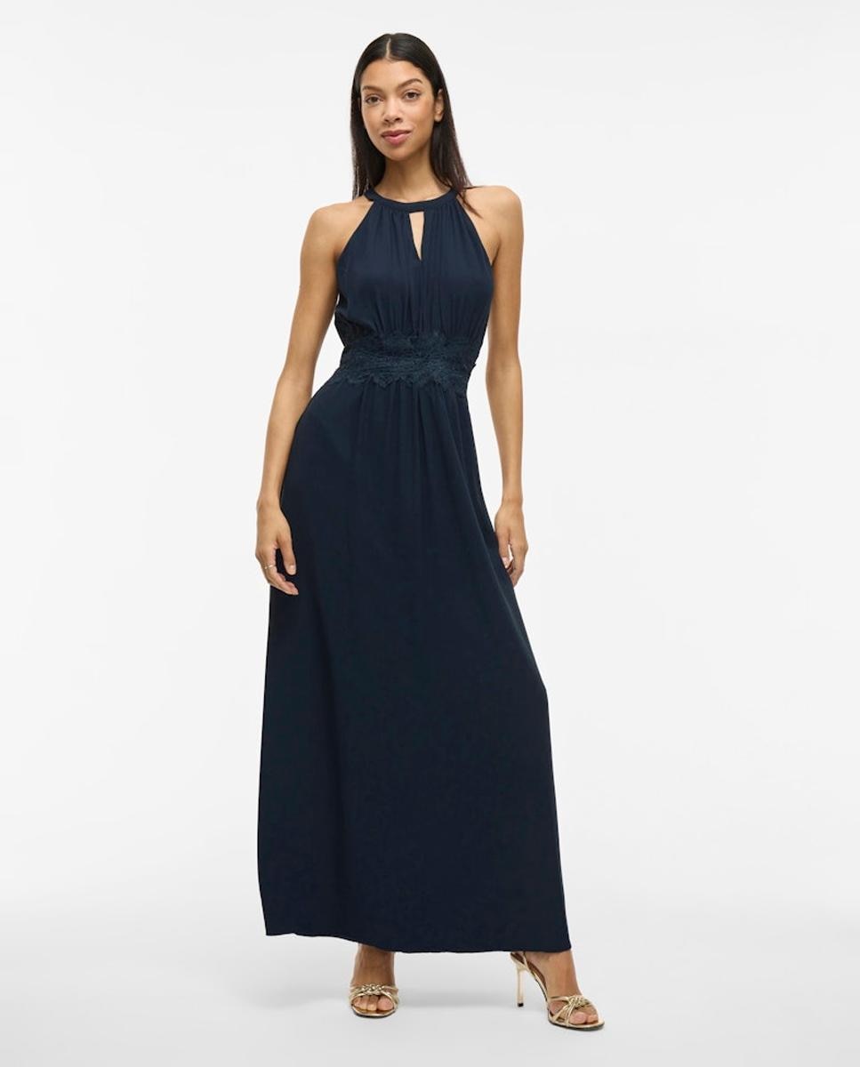 Vestido comprido com gola halter Azul-marinho-1