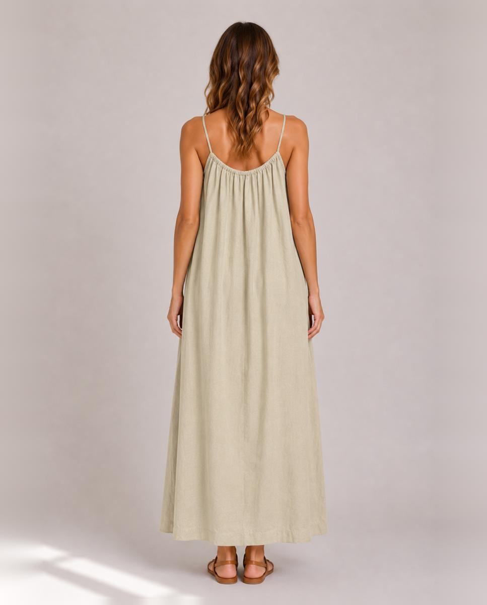 Vestido Comprido de Linho com Alças Castanho-2