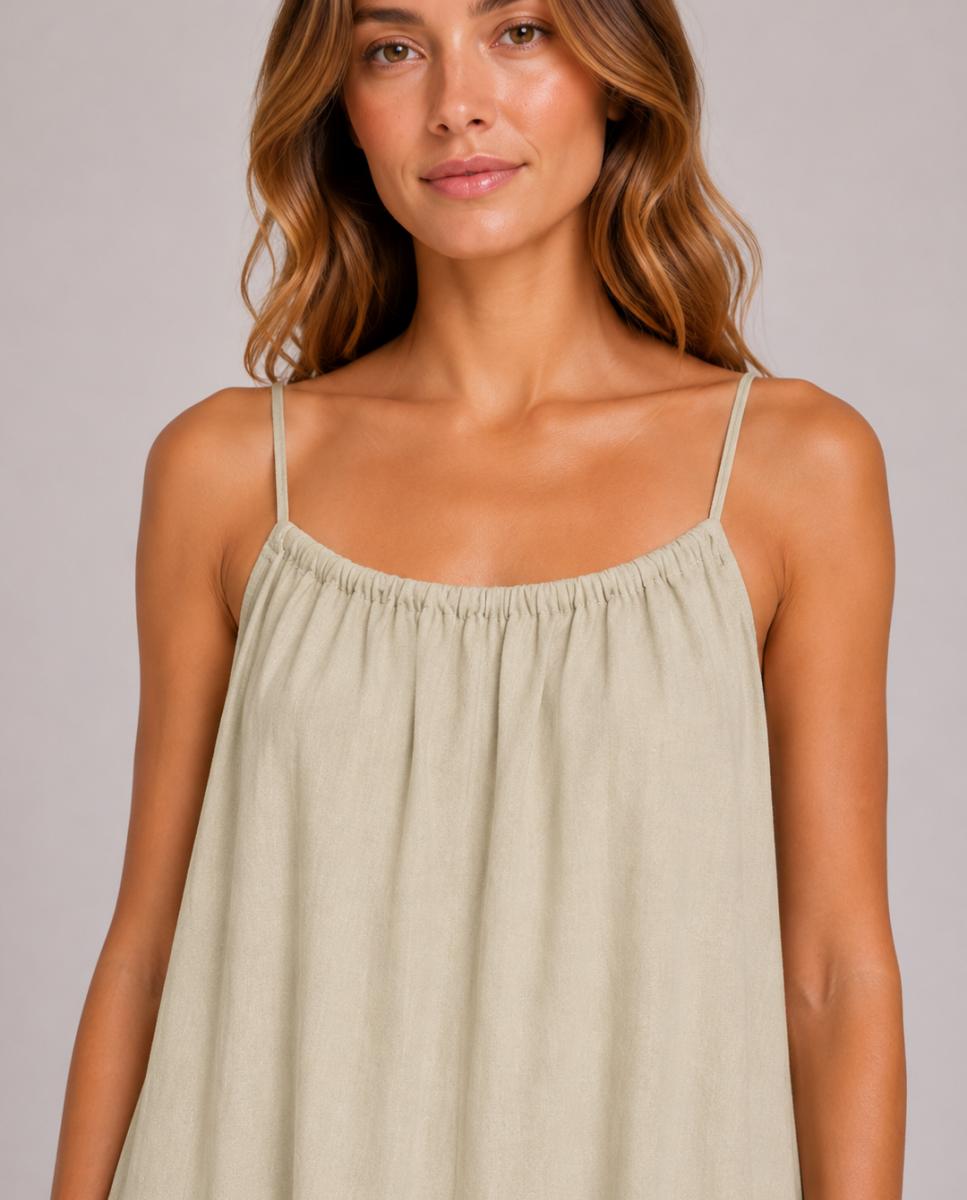 Vestido Comprido de Linho com Alças Castanho-3