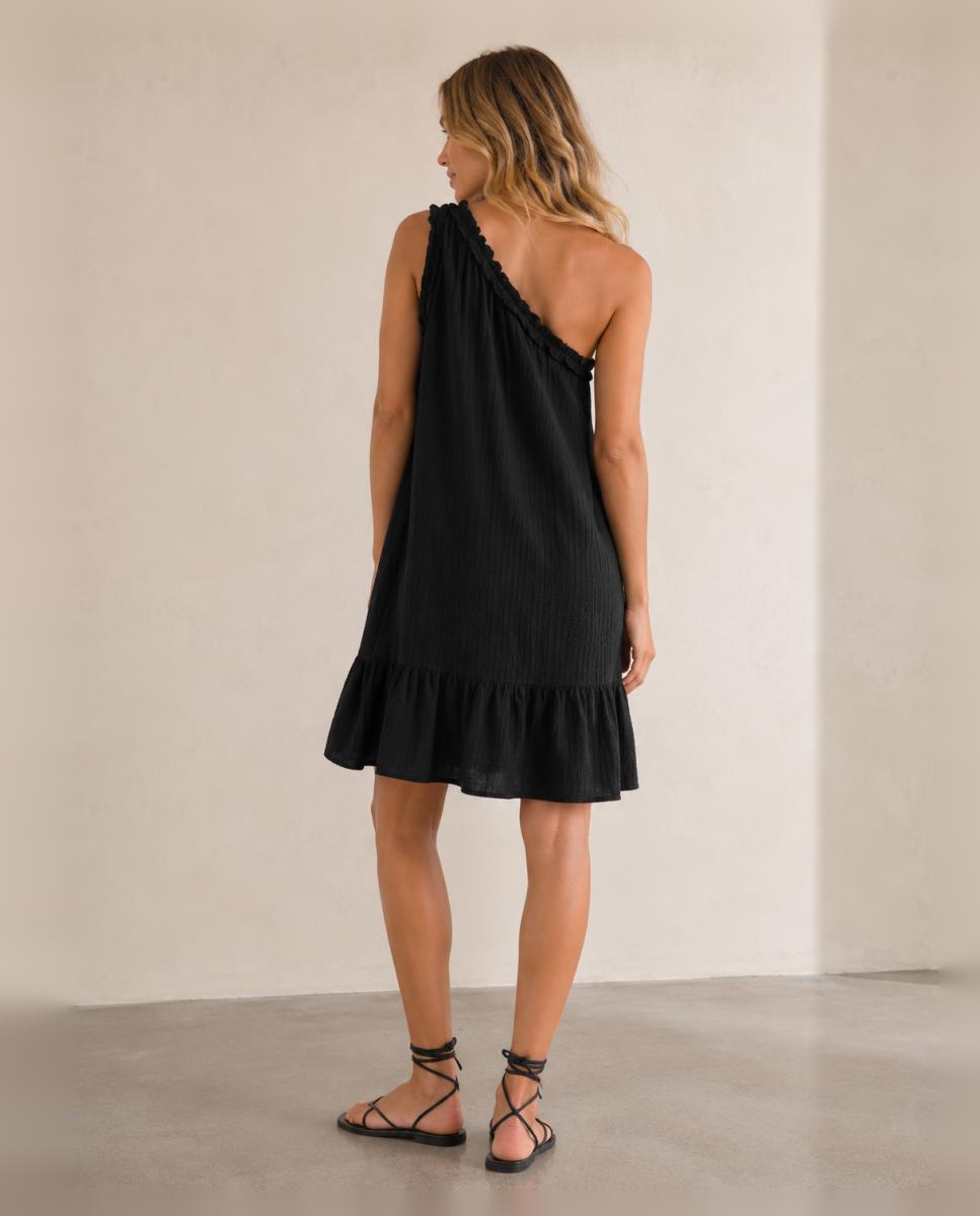 Vestido Curto Assimétrico sem Mangas Preto-2