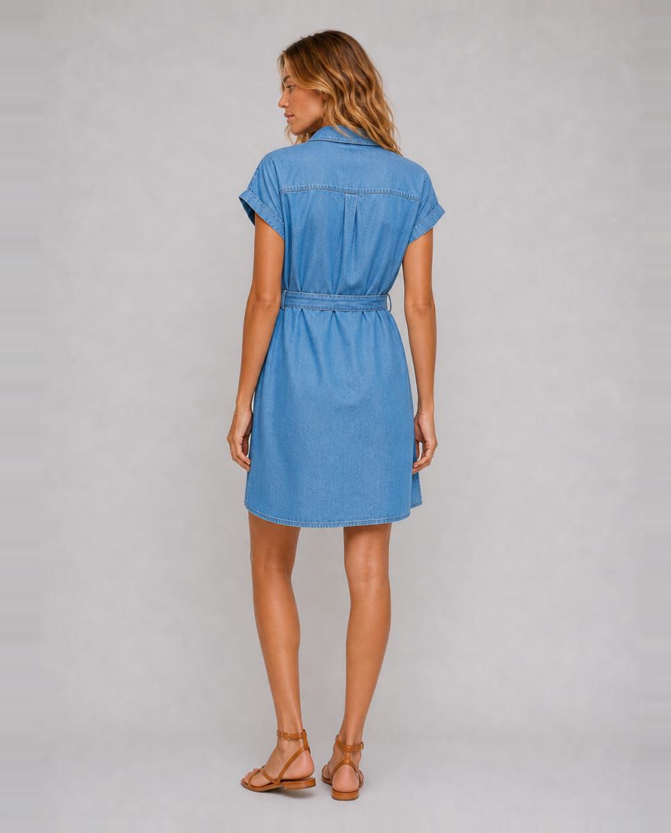 Vestido Camiseiro Curto de Ganga Tencel Azul-claro-2