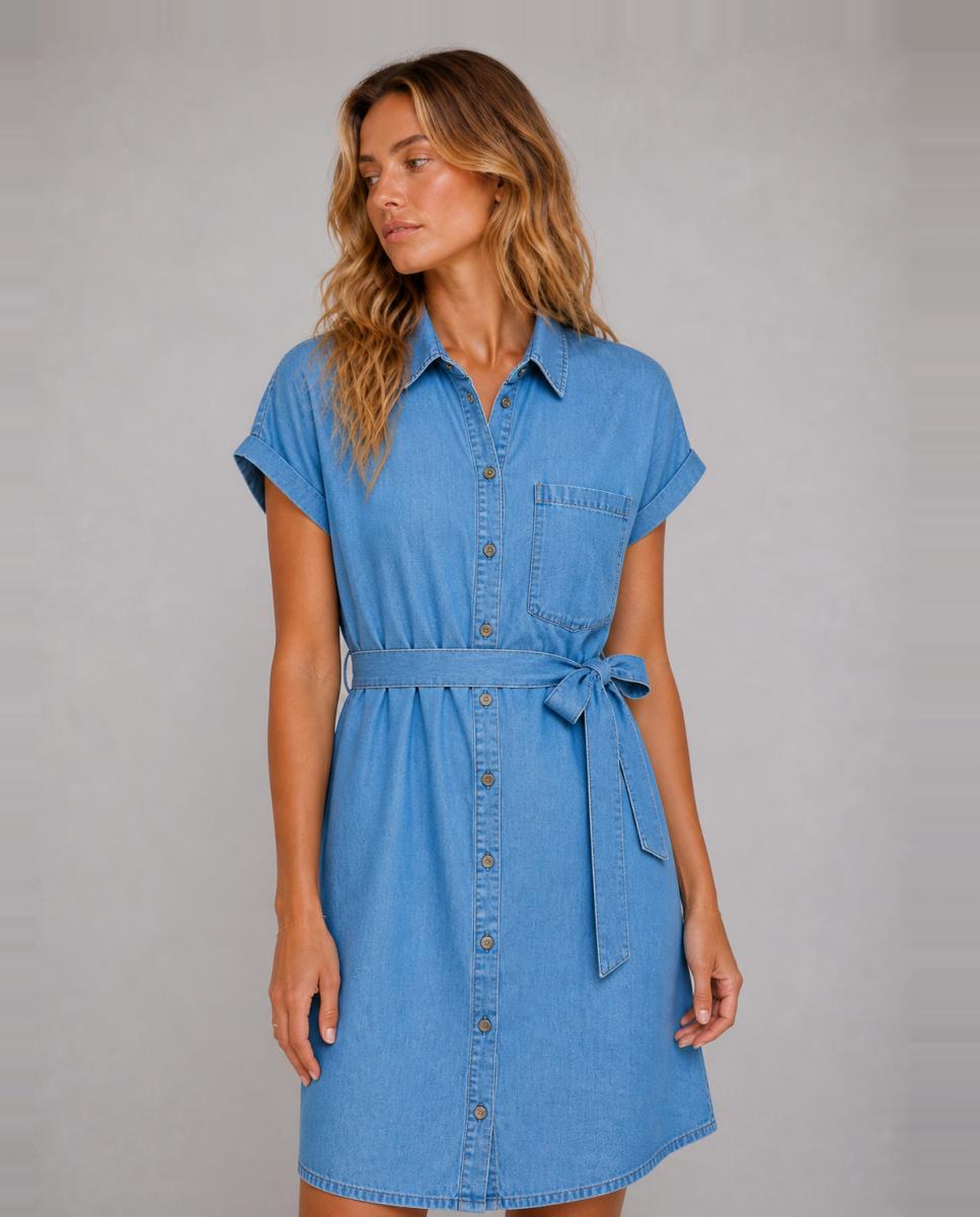 Vestido Camiseiro Curto de Ganga Tencel Azul-claro-3