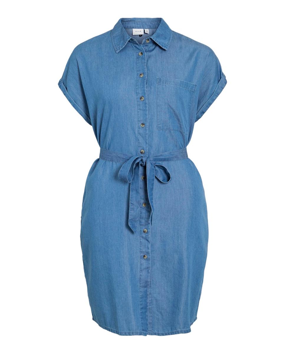 Vestido Camiseiro Curto de Ganga Tencel Azul-claro-4