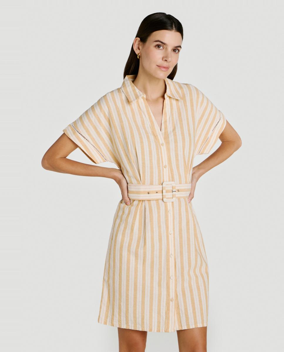 Vestido Camiseiro Curto de Algodão e Linho Amarelo-2