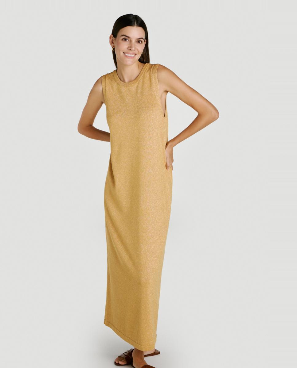 Vestido Midi de Malha com Fio Metalizado Caramelo-2