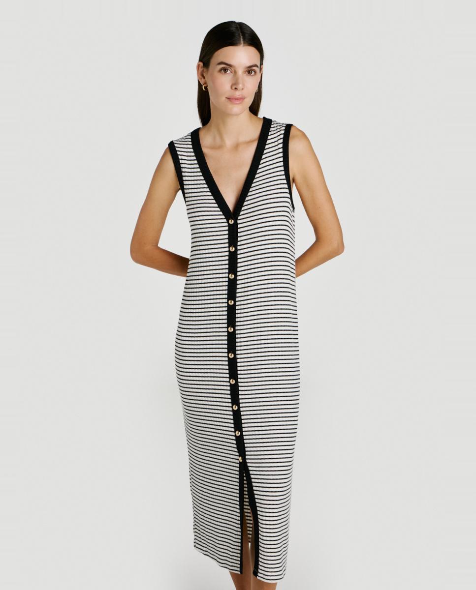 Vestido Midi de Malha Canelada Abotoado Bege-2