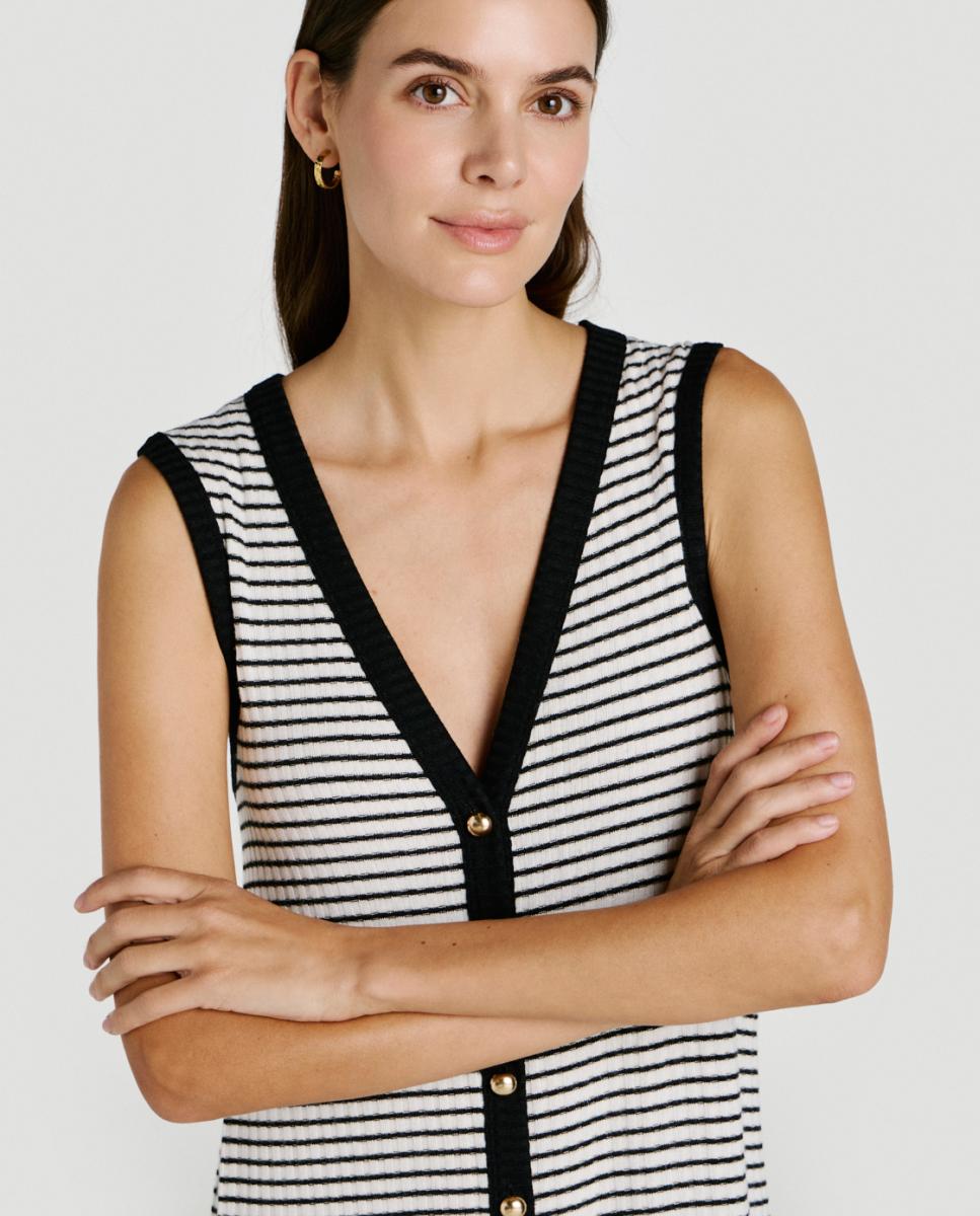 Vestido Midi de Malha Canelada Abotoado Bege-3