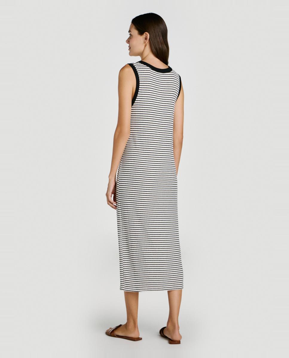 Vestido Midi de Malha Canelada Abotoado Bege-4