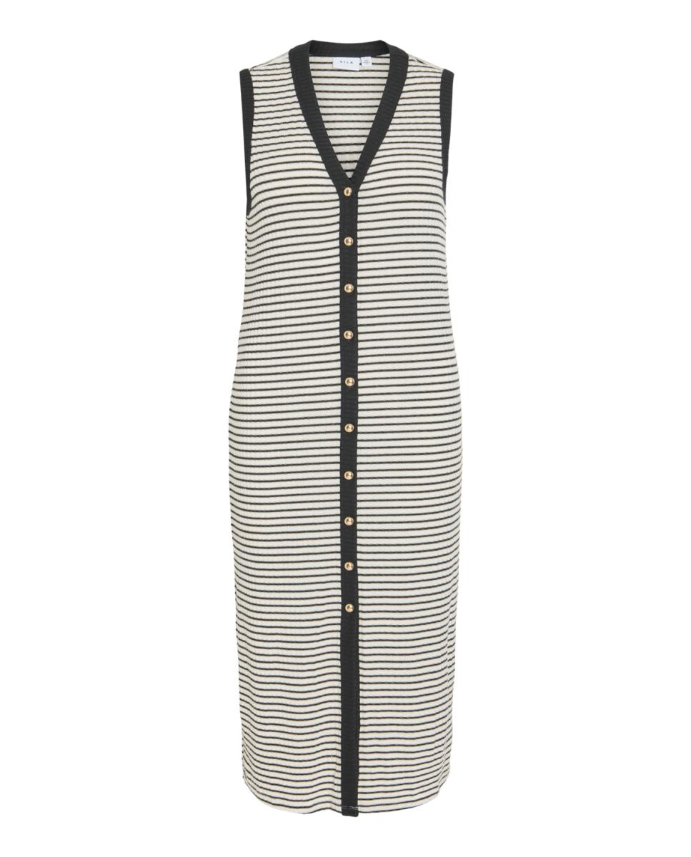 Vestido Midi de Malha Canelada Abotoado Bege-5