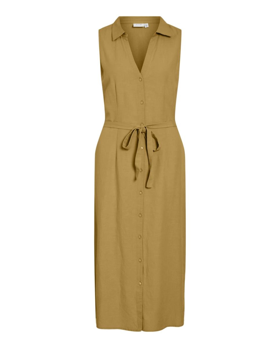Vestido midi camisero de lino - Vila - Caramelo Caramelo-5