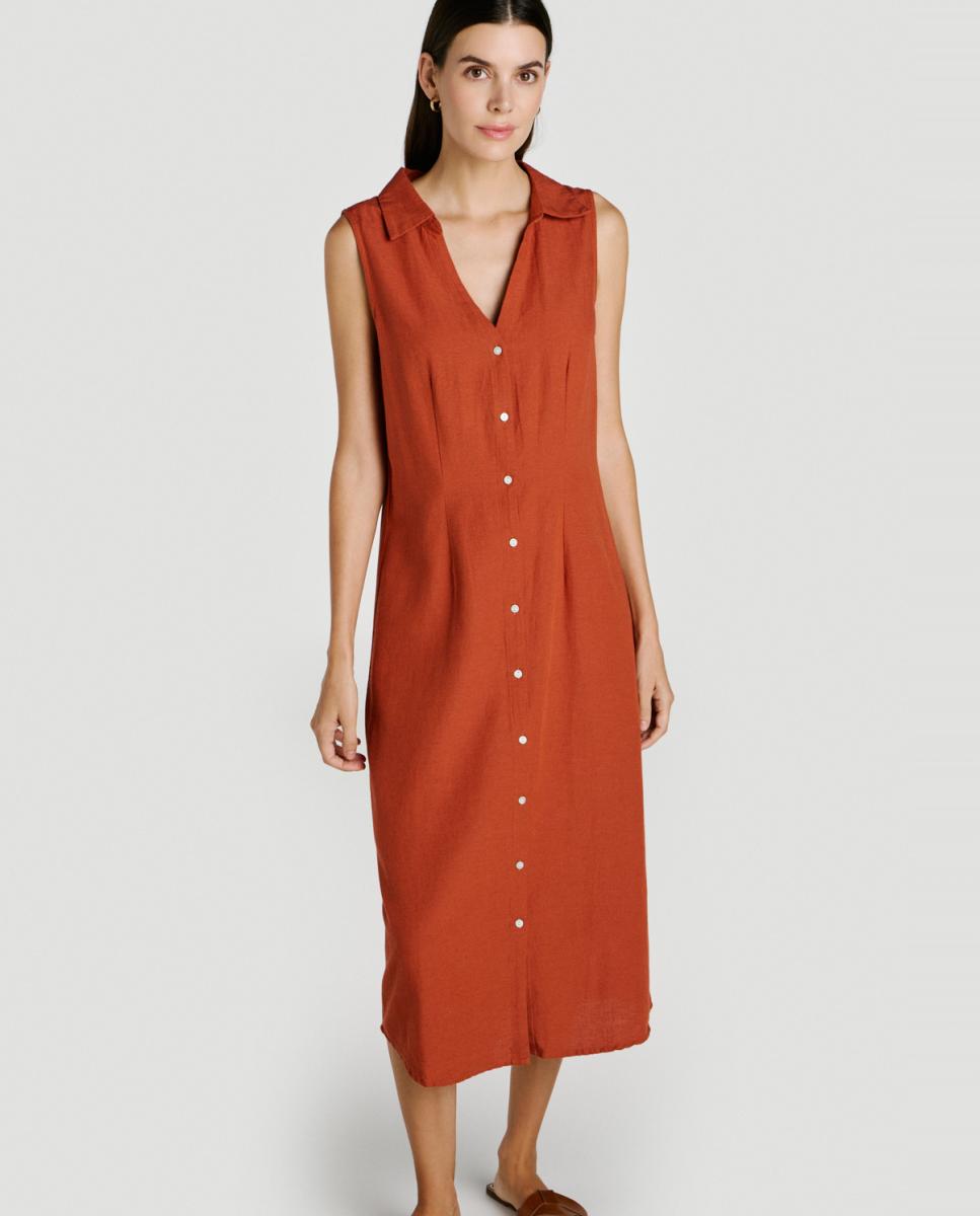 Vestido Camiseiro Midi de Linho Castanho-2
