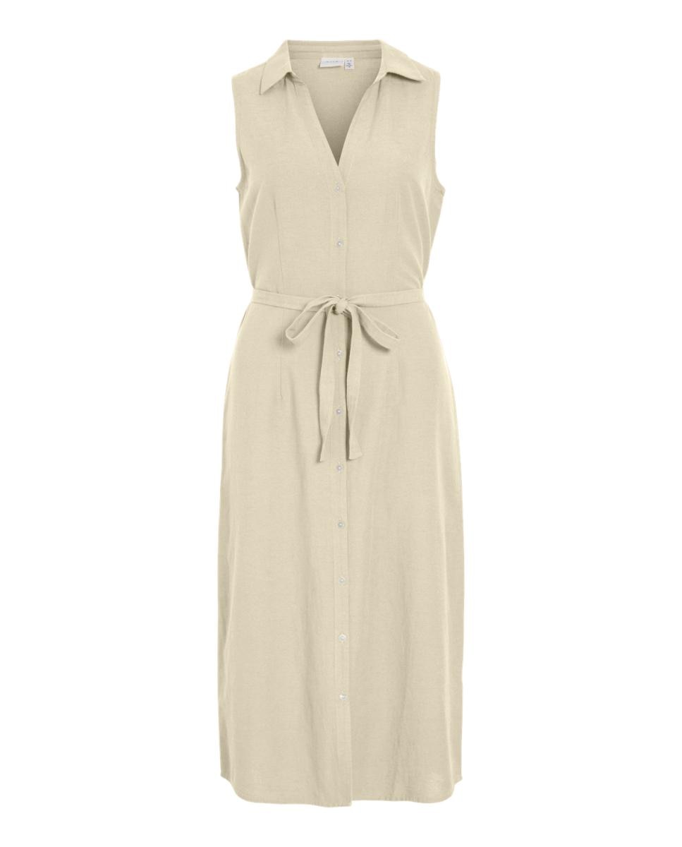 Vestido midi camisero de lino - Vila - Beige Beige-5